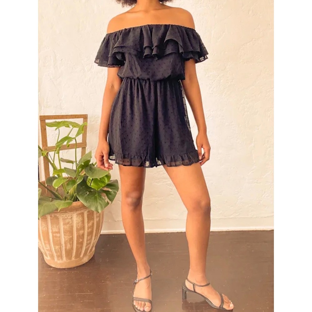 Lulus Frilled to Bits Black Swiss Dot Off-the-Shoulder Ruffle‎ Romper Small NEW